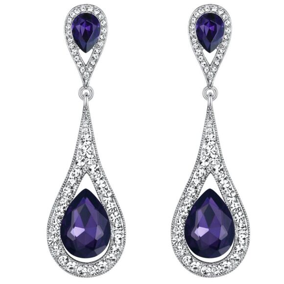 BijouStudios Earrings Jewelry - Silver with Purple Amethyst and Diamond Austrian Crystal Dual Teardrop Earrings